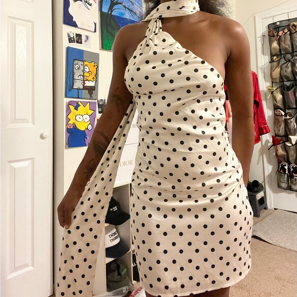 SHEIN One Shoulder Polka Dot Dress - Black and White